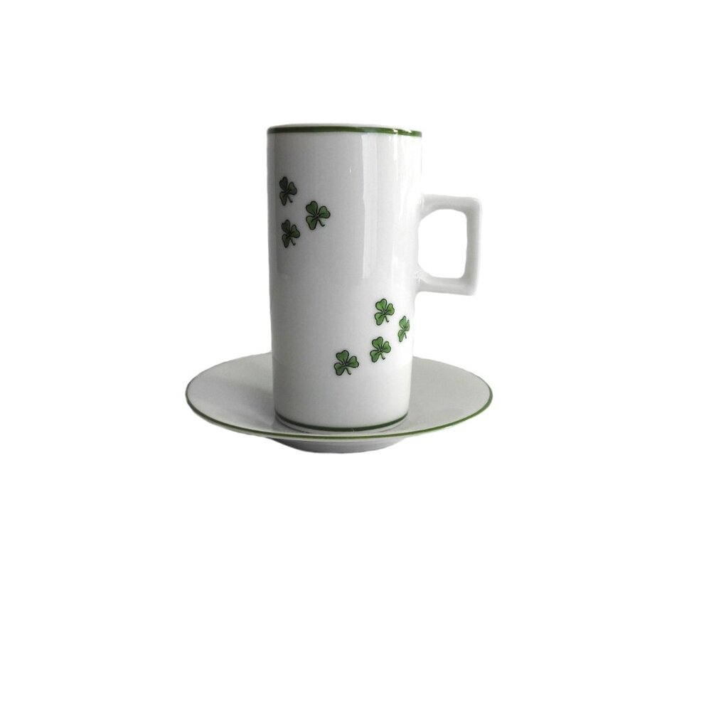 Narrow Ceramic Mug Cup With Saucer 80s Japan Clover Shamrock Design St Patrick's